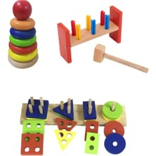 St. Morritz Ahşap Eğitici 4'lü Geçmeli Geometrik Oyuncak - Halka Kule ve Çak-Çak Oyuncak 3'lü Set
