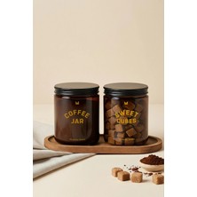 St. Morritz Ahşap Standlı Amber Cam Kahve ve Şeker Kavanozu Seti–coffee Jar&sweet Cubes Yazılı–kaşıklı 2'li Set
