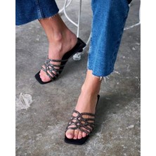 Lescarpe LES040 Siyah Çapraz Bant Pırıltı Detaylı Kadın Abiye Terlik