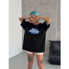 Velmora Fashion Kadın Kısa Kol Yazlık Tişört Bisiklet Yaka Baskılı Oversize T-Shirt - Siyah