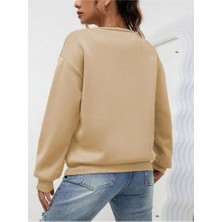 Velmora Fashion Kadın Düz Bisiklet Yaka 3 Iplik  Sweatshirt - Bej