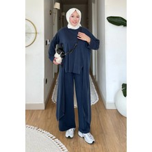 Tesettür Diyarı Peny Pike Orijinal Modal Kumaş Parçalı Tunik-Pantolon Tesettür Takım- Lacivert