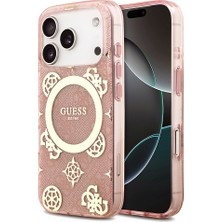 iPhone 18 Pro Max Kılıf Guess Lisanslı M-Safeli Iml Peony ve 4g Desenli Klasik Logolu Kapak Pembe