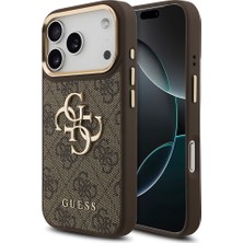iPhone 18 Pro Kılıf Guess Lisanslı Gold Çerçeve 4g Desenli Metal Büyük 4g ve Yazı Logolu Kapak Kahve