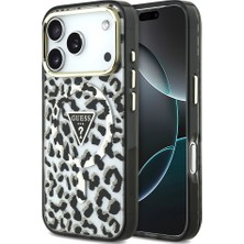 iPhone 18 Pro Kılıf Guess Orjinal Lisanslı M-Safeli Üçgen Logolu Simli Leopar Desenli Kapak Siyah