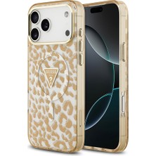 iPhone 18 Pro Max Kılıf Guess Lisanslı M-Safeli Üçgen Logolu Simli Leopar Desenli Kapak Kahverengi
