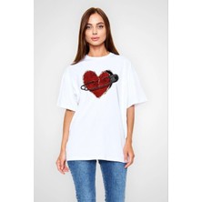 Velmora Fashion Kadın Bisiklet Yaka Baskılı Kısa Kol T-Shirt - Beyaz