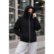 Velmora Fashion Kadın Maskeli Ninja Model Çift Kapüşonlu 3 Iplik Şardonlu Fermuarlı Oversize Sweatshirt - Siyah
