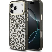 iPhone 18 Pro Max Kılıf Guess Lisanslı M-Safeli Üçgen Logolu Simli Leopar Desenli Kapak Siyah