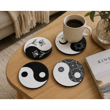 Kids Town Yin Yang Temalı 4’lü Yuvarlak Mdf Bardak Altlığı – Siyah Beyaz Modern Uv Baskılı Dekoratif Set