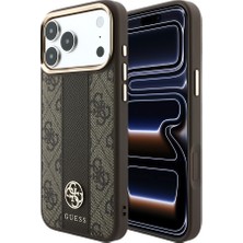 iPhone 18 Pro Kılıf Guess Lisanslı M-Safeli Deri 4g Desenli Şeritli Yazı Logolu Kapak Kahverengi