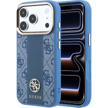 iPhone 18 Pro Kılıf Guess Orjinal Lisanslı M-Safeli Deri 4g Desenli Şeritli Yazı Logolu Kapak Mavi
