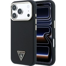 iPhone 18 Pro Kılıf Guess Lisanslı M-Safeli Pu Metal Üçgen Logolu Karbon Fiber Kevlar Kapak Siyah