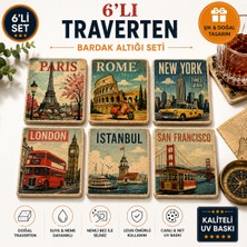 Kids Town 6’lı Dünya Şehirleri Doğal Traverten Bardak Altlığı Seti – Paris Roma Istanbul London New York San Francisco Uv Baskılı