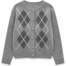 Retrobird Sally Baklava Desenli Düğmeli Triko Hırka Kadın Açık Gri
