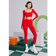 Real Dream Kadın Toparlayıcı Dikişsiz Push Up Spor Tayt Yüksek Bel - Kırmızı
