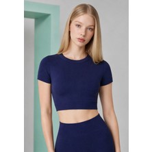 Real Dream Kadın Spor Bra Bisiklet Yaka Kısa Kollu Toparlayıcı Fit - Lacivert