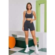 Real Dream Kadın Spor Bra Şerit Detaylı Toparlayıcı Destekli Çıkarılabilir Pedli - Gri