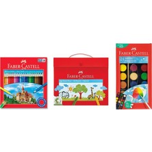 Faber Castell Full Okul Boyama Seti  24 Renk Kuru Boya + 24 Renk Plastik Çantalı Pastel Boya + 21 Renk Sulu Boya Üçlü Paket
