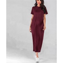 Nake Butik Kadın Sıfır Yaka Kısa Kol Basic Uzun Double Kumaş Elbise