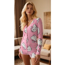 Luna Lora Pink Cat Dream Pamuklu Pembe Kedi Desenli Düğmeli Uzun Kol Tulum Pijama