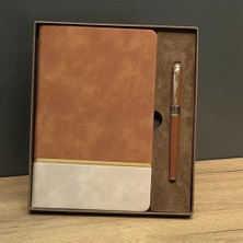 Nemere İthalat Taba Rengi Gold Detaylı Termo Deri Defter ve Metal Roller Kalem Hediye Seti Nemere Ithalat