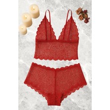 Beruflic Kırmızı Dantel Bralet Şort Takımı Askılı Şık Kadın Ev Giyim Under Moda