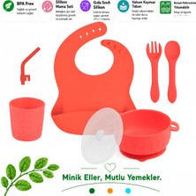 Jojobebek Silikon Beslenme Seti Silikon Vakumlu Kapaklı Mama Kase, Silikon Önlük, Çatal-Kaşık / Kırmızı