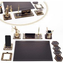 Ayrex Ofistike Themis Biblolu Altın Deri Sümen Takımı Mermer Desen Ahşap Isme Özel Masa Isim