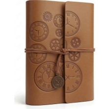 Ayrex Senon Retro Vintage Saat ve Çark Baskılı Saat Kolye Uçlu Deri Kapaklı Günlük Not Defter