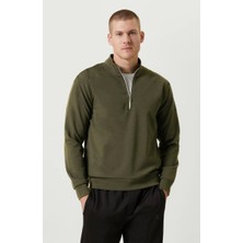 Velmora Fashion Erkek 3 Iplik Pamuklu Uzun Kol Yarım Farmuarlı Yakalı Sweatshirt - - Haki
