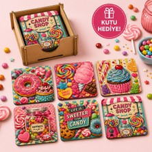 Kids Town 6'lı Candy Shop Bardak Altlığı Seti Ahşap Kutulu | Renkli Şeker Temalı 3 mm Mdf Uv Baskılı Kare Bardak Altlığı | Woodtown