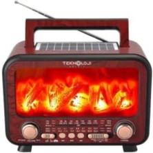 Ayrex Teknoloji Gelsin Nostaljik Şömine Tasarımlı Bluetooth Radyo, Ahşap, Güneş Enerjili, USB