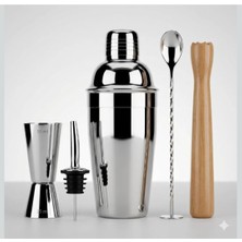 Ayrex Paslanmaz Çelik Kokteyl Shaker Seti, 5 Parça Bar Seti 350 cl / Jigger 25/50 Ml, Ahşap Muddl