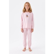 Bunny Hopp Kız Çocuk Uzun Kollu Pijama Takımı %100 Pamuk Pembe Kedi Desenli Penye