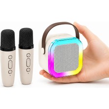 Coverzone Kablosuz Mikrofonlu Karaoke Makinesi Ent- Taşınabilir Bluetooth Hoparlör Seti Bas Tiz Ayarlı Retro Hoparlör Yetişkinler ve Çocuklar Için Hafıza Kartı ve USB 10X10X6CM (Çiftli K12 - Krem)