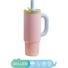 Diller 950ML Tumbler Pastel Renkler Serisi Parlak Gövdeli Pipetli/pipetsiz Kullanım Detokslu Büyük Kulplu SUS304 Paslanmaz Çelik Termos