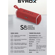 Syrox S40 Gerçek Kablosuz Bluetooth Hoparlör, 8W Stereo Ses, 6-10 Saat Çalma Süresi, Tws ve Fm Radyo - Siyah / Kırmızı