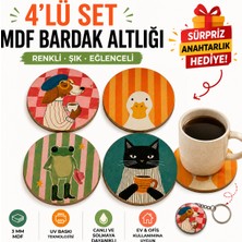 Kids Town Woodtown Retro Hayvan Figürlü Mdf Bardak Altlığı 4'lü Set | Uv Baskılı Yuvarlak Kahve Çay Altlığı
