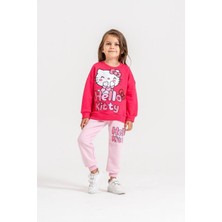 Cg Kids Baskılı Fuşya/pembe Renk Detaylı 3iplik Sweatshirt & Eşofman Baskılı Alt Üst Takım