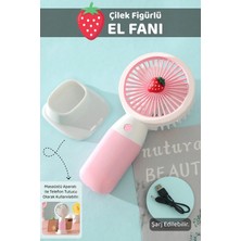 St. Morritz Çilek Figürlü Şarjlı El Fanı - Standlı Taşınabilir Şarj Edilebilir Soğutucu Mini Masa Fanı Pembe