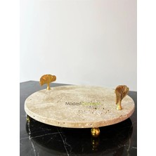 St. Morritz Doğal Traverten Mermer 28 cm Gold Ayaklı Gingko Detaylı Sunumluk, Traverten Tepsi
