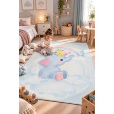 Saraz Halı Gökkuşağı ve Sevimli Fil Desenli Çocuk Odası Halısı Bulutlu Kaymaz Yıkanabilir Bebek Oyun Halısı 22