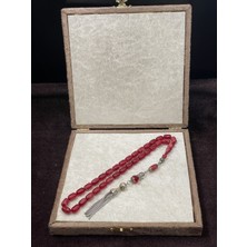 Lineacraft Alpaka Zincir Püsküllü Sıkma Kehribar Tesbih (Kırmızı, 7X11 Mm)