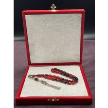 Lineacraft Alpaka Zincir Püsküllü Çift Renk Sıkma Kehribar Tesbih (Kırmızı-Siyah, 7X11 Mm)