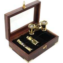 St. Morritz Ahşap Kutulu Pirinç Kumsaati ve Dürbün Seti 19*13 cm