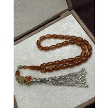 Lineacraft Gold Renkli ve Taşlı Alpaka Aksamlı Sedef Simli Ateş Kehribar Tesbih (Tarçın, 7X11 Mm)