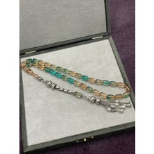 Lineacraft Alpaka Damla Uçlu Karışık Sıkma-Ateş Kehribar Tesbih (Bal-Turkuaz, 7X11 Mm)