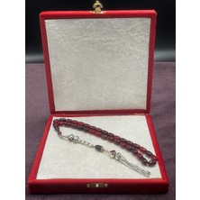 Lineacraft Alpaka Zincir Püsküllü Sıkma Kehribar Tesbih (Bordo, 7X11 Mm)