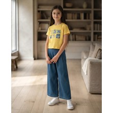 Tuffy Kız Çocuk Açık Sarı Baskılı T-Shirt ve Indigo Geniş Paça Pantolon Takım